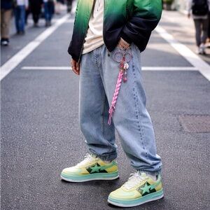 Bape Shoes Green and Yellow Sneakers with Shoe Bag